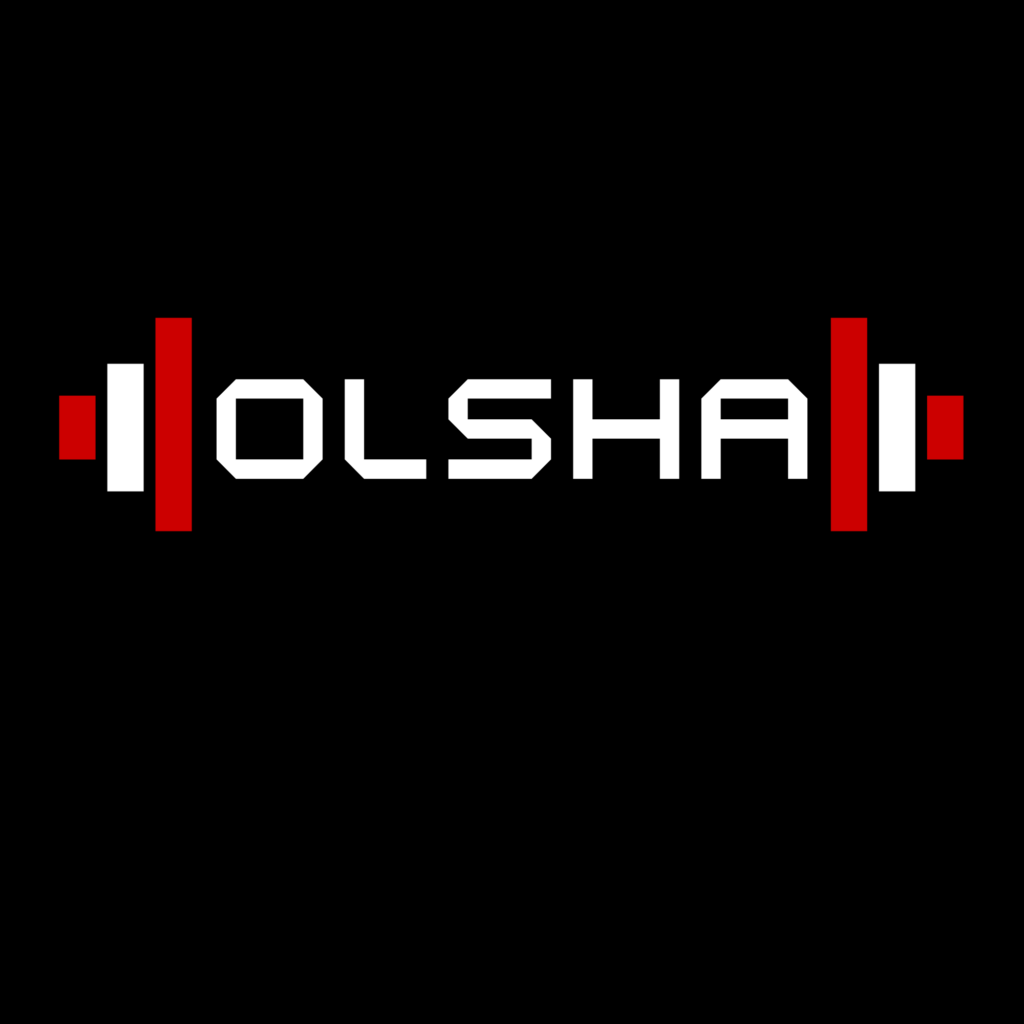 Logo OLSHA — napis między talerzami sztangi w kolorach czerwonym i białym